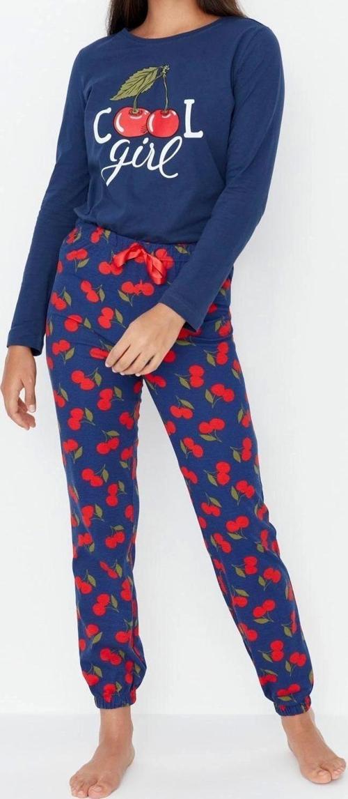 Tarz Rahat Uzun Kollu Boru Paça %100 Pamuklu Kiraz Baskılı Örme Pijama Takımı