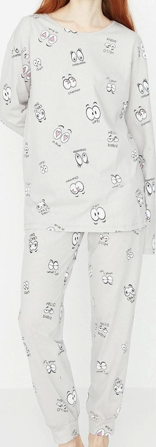 Tarz Rahat Uzun Kollu Boru Paça %100 Pamuklu Göz Desenli T-shirt-Jogger Örme Pijama Takımı