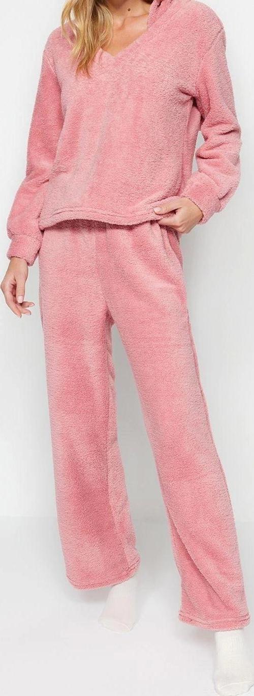 Tarz Rahat Uzun Kollu Boru Paça Wellsoft Kapüşon Kulak Detaylı Kışlık Örme Pijama Takımı