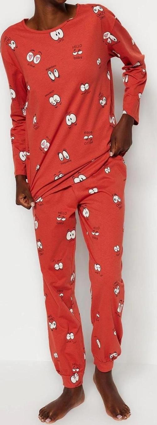 Tarz Rahat Uzun Kollu Boru Paça %100 Pamuklu Göz Desenli T-shirt-Jogger Örme Pijama Takımı