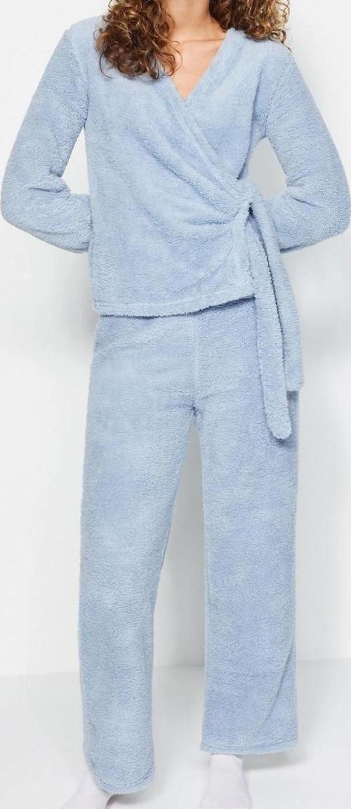 Tarz Rahat Uzun Kollu Boru Paça Pembe Yaka Wellsoft Kışlık Örme Pijama Takımı