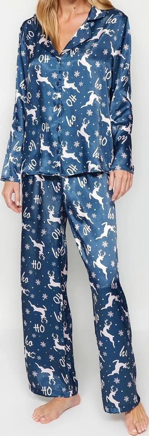 Tarz Rahat Uzun Kollu Boru Paça Lacivert- Yılbaşı Temalı Saten Gömlek-Pantolon Dokuma Pijama Takımı