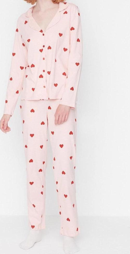 Tarz Rahat Uzun Kollu Boru Paça %100 Pamuklu Kalp Desenli Örme Pijama Takımı