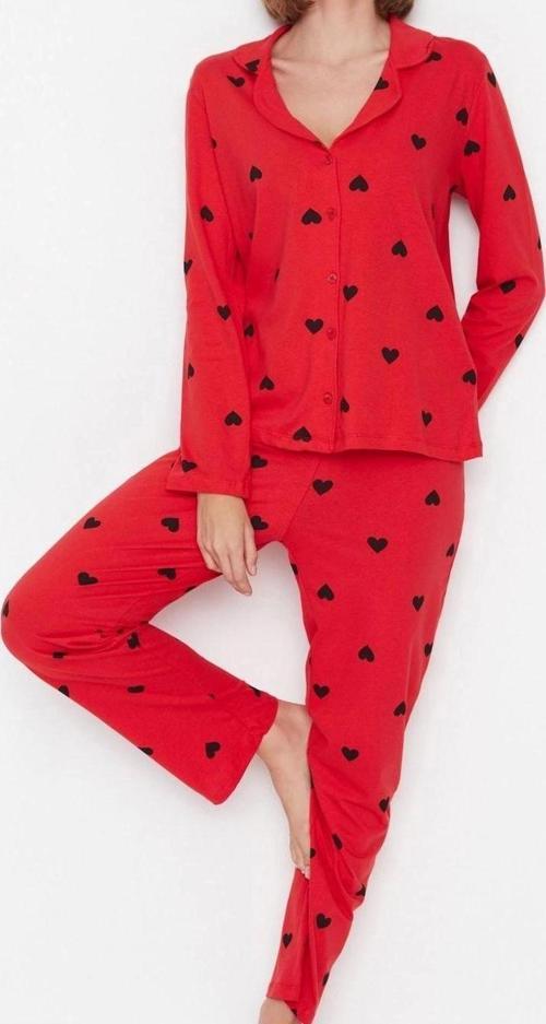 Tarz Rahat Uzun Kollu Boru Paça %100 Pamuklu Kalp Desenli Örme Pijama Takımı