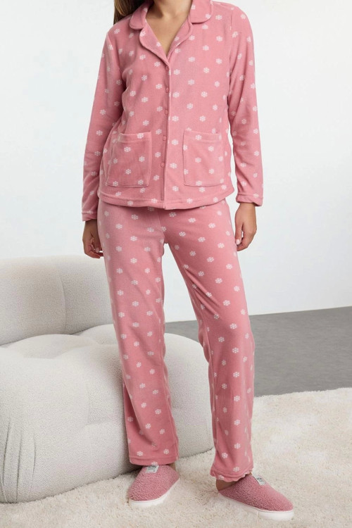 Tarz Rahat Uzun Kollu Boru Paça Gri Kış Temalı Cepli Polar Kışlık Örme Pijama Takımı