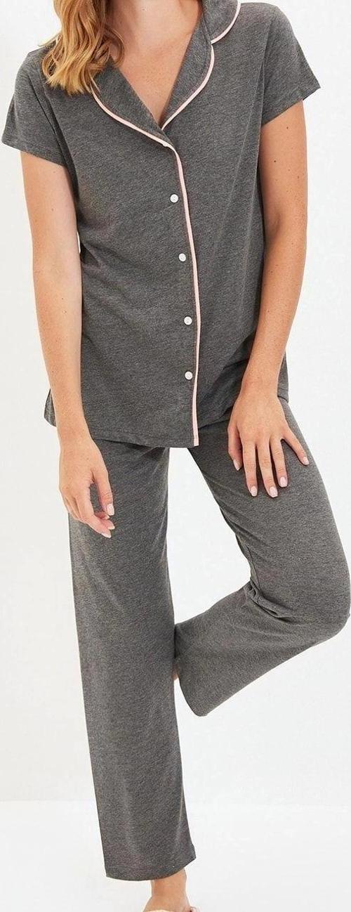 Tarz Rahat Uzun Kollu Boru Paça Biyeli Gömlek-Pantolon Örme Pijama Takımı