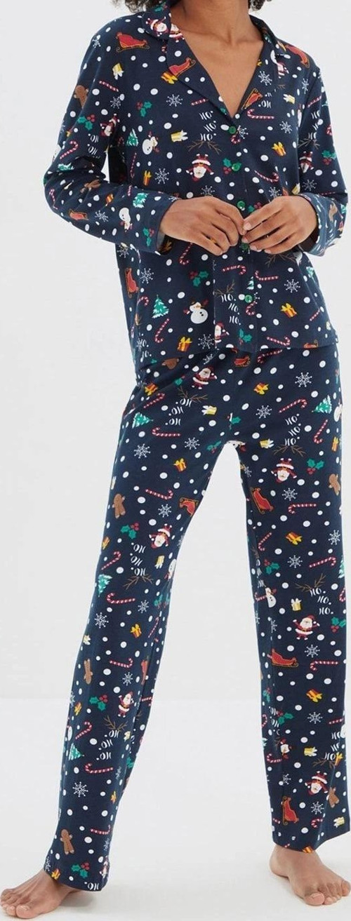 Tarz Rahat Uzun Kollu Boru Paça %100 Pamuklu Yılbaşı Temalı Örme Pijama Takımı