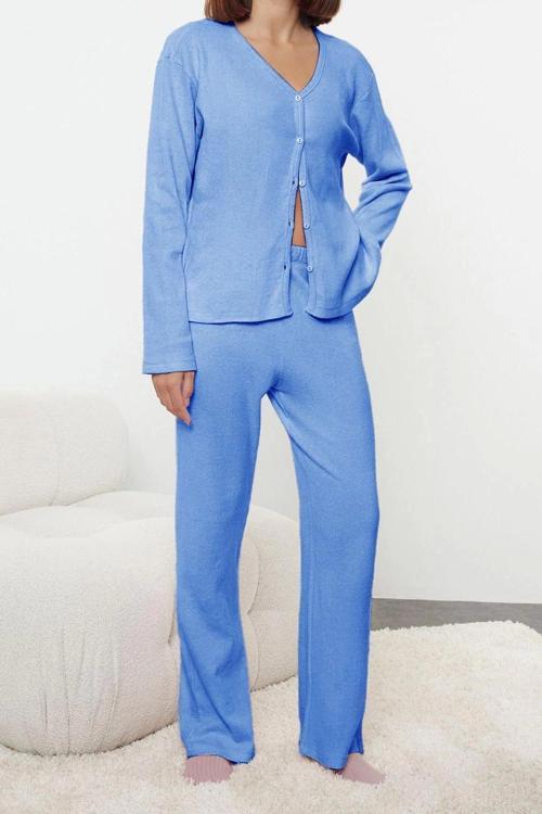 Tarz Rahat Uzun Kollu Boru Paça Fırçalı Soft Fitilli Hırka Örme Pijama Takımı