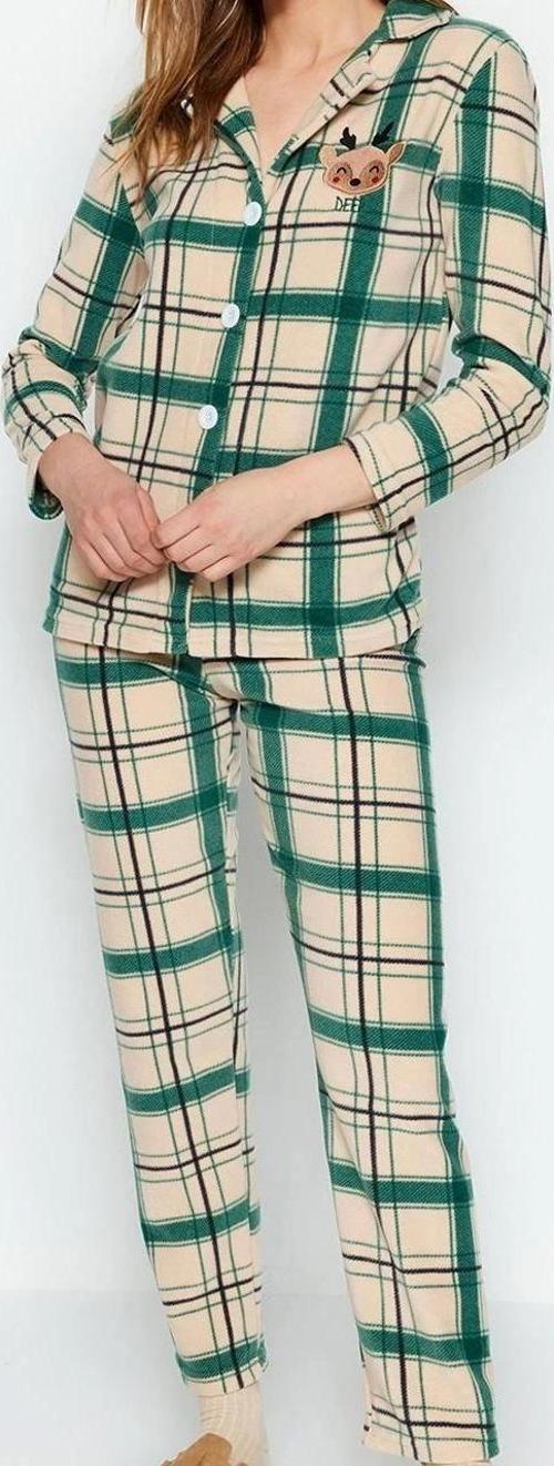 Tarz Rahat Uzun Kollu Boru Paça Nakışlı Ekoseli Polar Kışlık Örme Pijama Takımı