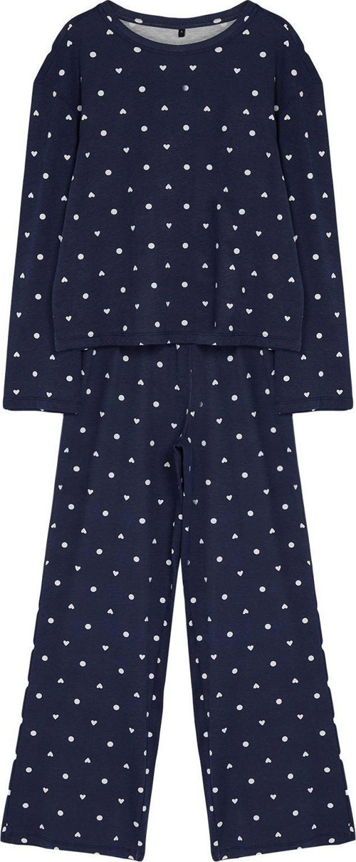 Tarz Rahat Uzun Kollu Boru Paça %100 Pamuklu Puantiye ve Kalp Desenli Örme Pijama Takımı