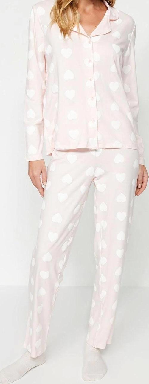 Tarz Rahat Uzun Kollu Boru Paça Premium %100 Pamuk Kalp Puf Desenli Gömlek-Pantolon Pijama Takımı