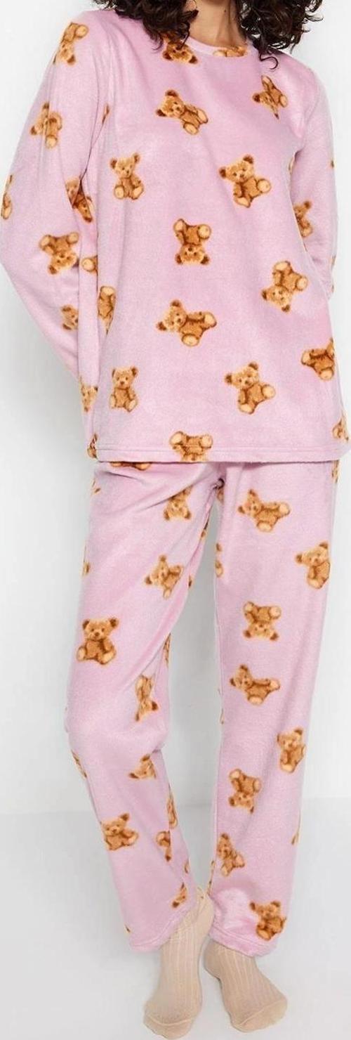 Tarz Rahat Uzun Kollu Boru Paça Polar Ayıcık Desenli Kışlık Örme Pijama Takımı