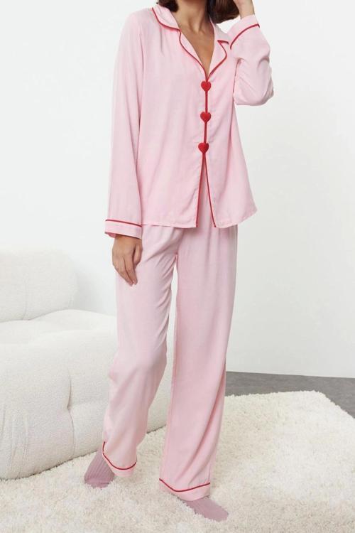 Tarz Rahat Uzun Kollu Boru Paça Kalpli Biyeli Viskon Dokuma Pijama Takımı