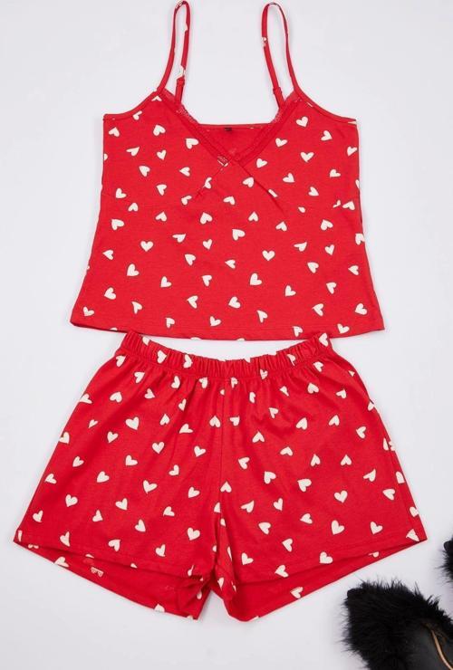 Tarz Rahat Kolsuz Kol Boru Paça Uçuk %100 Pamuklu Kalpli Dantel Detaylı İp Örme Pijama Takımı