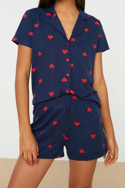 Tarz Rahat Kısa Kollu Boru Paça %100 Pamuklu Kalp Desenli Örme Pijama Takımı
