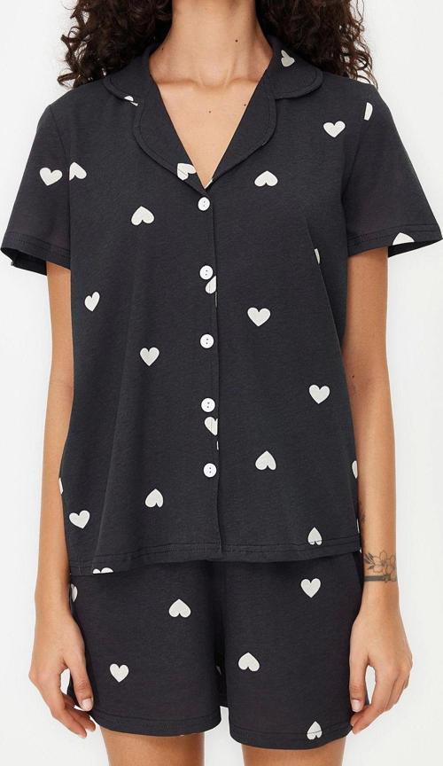 Tarz Rahat Kısa Kollu Boru Paça %100 Pamuklu Kalp Desenli Örme Pijama Takımı