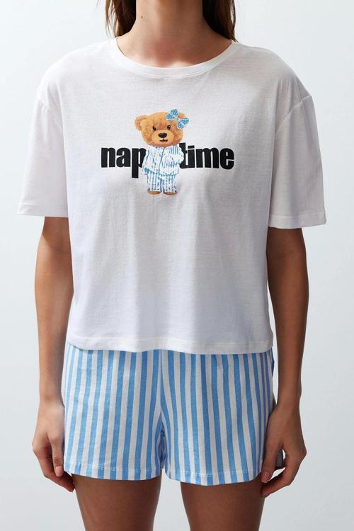 Tarz Rahat Kısa Kollu Boru Paça Kadın %100 Pamuklu Çizgili Örme Pijama Takımı