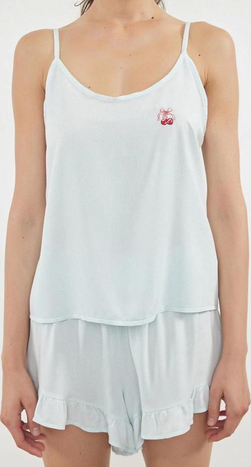 Tarz Rahat Kolsuz Kol Geniş Paça Avokado Nakışlı Fırfırlı İp Viskon Dokuma Pijama Takımı