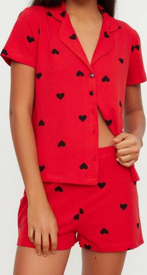 Tarz Rahat Kısa Kollu Boru Paça %100 Pamuklu Kalp Desenli Örme Pijama Takımı