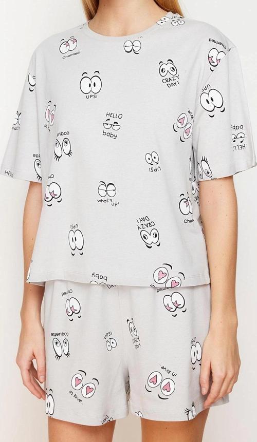 Tarz Rahat Kısa Kollu Boru Paça %100 Pamuklu Eğlence Desenli Örme Pijama Takımı