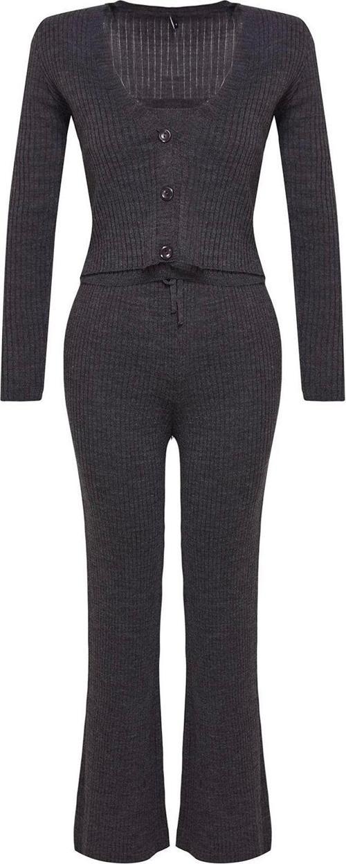 Tarz Kadın Modern Moda Normal Bel Geniş Paça V Yaka Fitillli Bluz Hırka Pantolon Triko Alt-Üst Takım