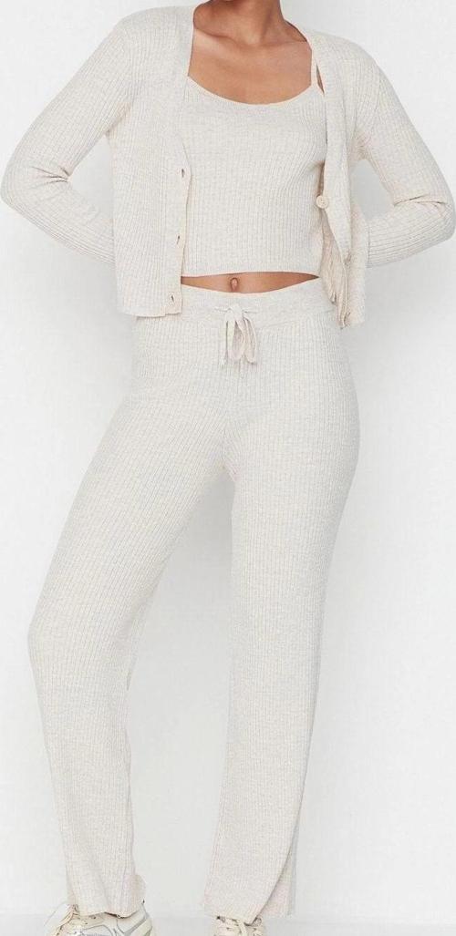Tarz Kadın Modern Moda Normal Bel Geniş Paça V Yaka Fitillli Bluz Hırka Pantolon Triko Alt-Üst Takım