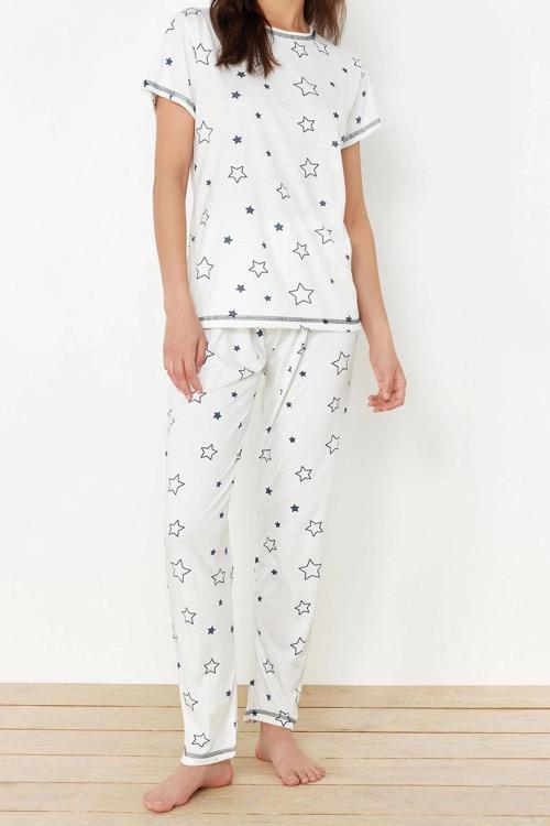 Tarz Rahat Kısa Kollu Boru Paça Yıldız Desenli Örme Pijama Takımı
