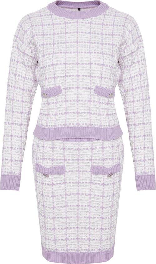 Tarz Kadın Modern Moda Normal Bel Boru Paça Bisiklet Yaka Tüvit Görünümlü Simli Triko Alt-Üst Takım