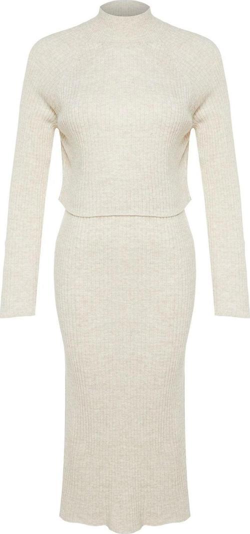 Tarz Kadın Modern Moda Yüksek Bel Geniş Paça Bisiklet Yaka Crop Basic Etekli Triko Alt-Üst Takım