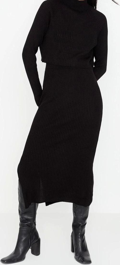 Tarz Kadın Modern Moda Yüksek Bel Geniş Paça Bisiklet Yaka Crop Basic Etekli Triko Alt-Üst Takım