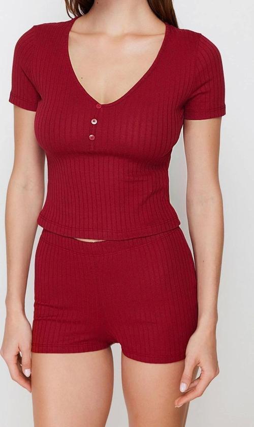 Tarz Rahat Kısa Kollu Dar Paça Düğme Detaylı Fitilli Örme Pijama Takımı