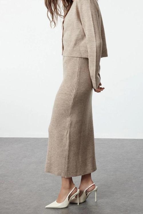 Tarz Kadın Modern Moda Normal Bel Boru Paça V Yaka Fitilli Yumuşak Dokulu Triko Elbise Hırka Takım