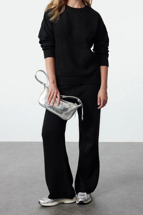 Tarz Kadın Modern Moda Normal Bel Boru Paça Bisiklet Yaka Yumuşak Dokulu Basic Triko Alt-Üst Takım