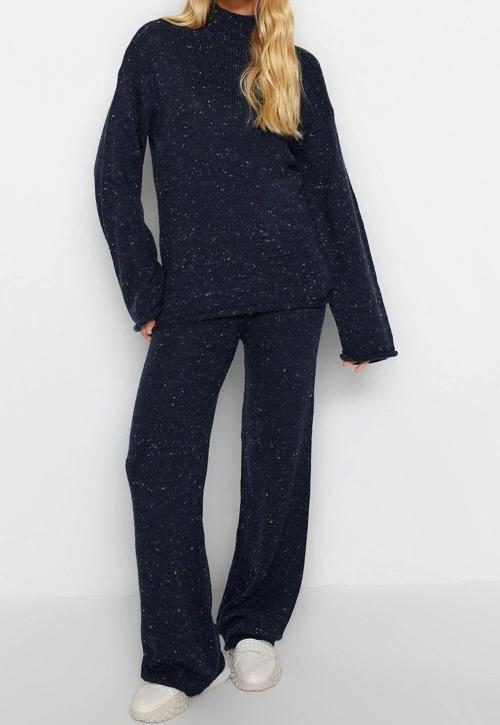 Tarz Kadın Modern Moda Normal Bel Boru Paça Bisiklet Yaka Yünlü Degrade Triko Alt-Üst Takım