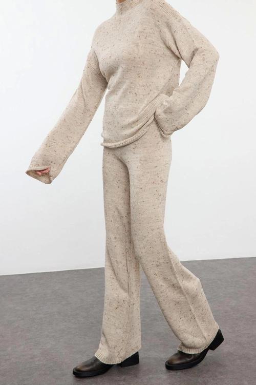 Tarz Kadın Modern Moda Normal Bel Boru Paça Bisiklet Yaka Yünlü Degrade Triko Alt-Üst Takım