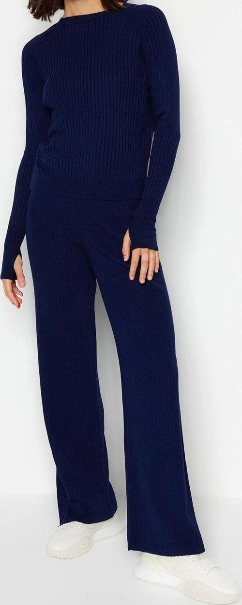 Tarz Kadın Modern Moda Normal Bel Boru Paça Bisiklet Yaka Basic Parmak Detaylı Triko Alt-Üst Takım