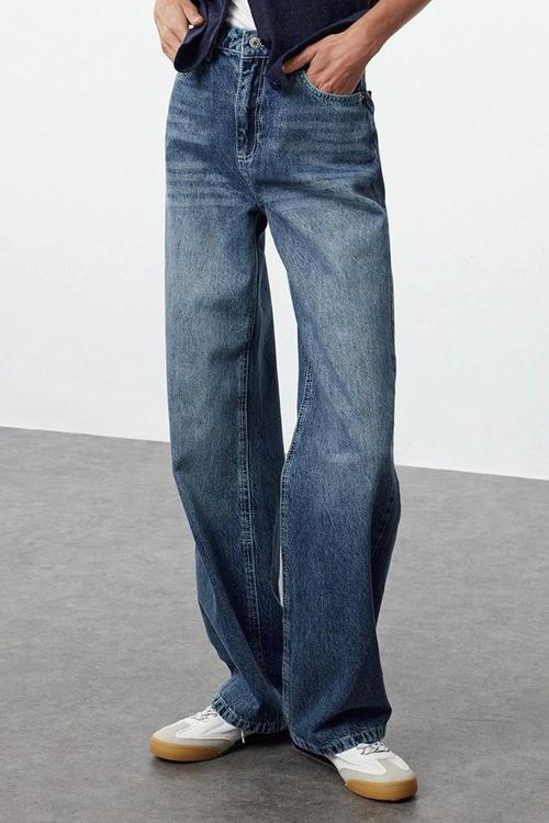 Stil Kadın Moda Denim Kot Pantolon Regular Geniş Paça Lacivert Yüksek Bel Straight Jeans
