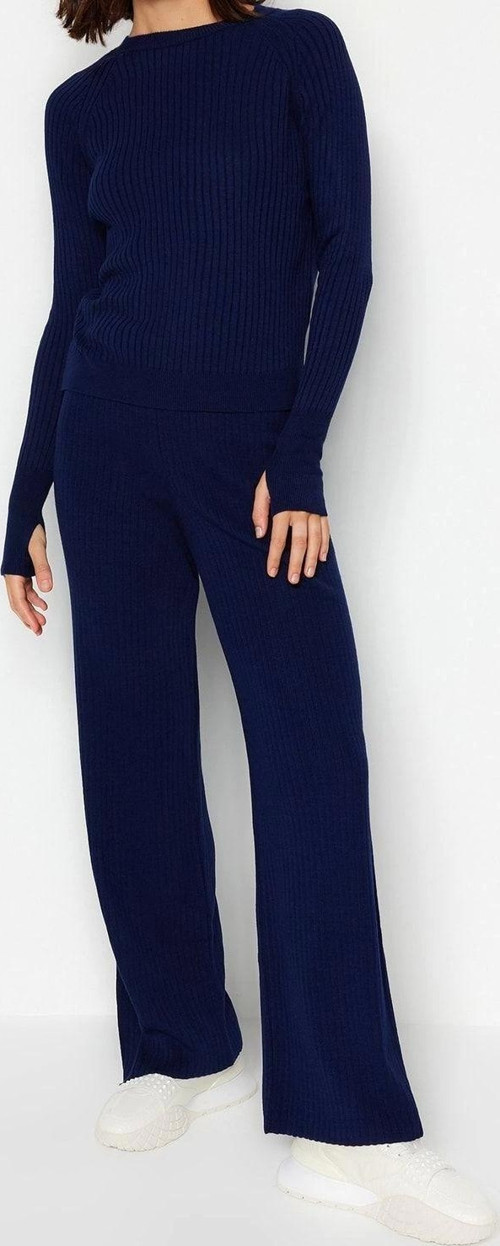 Tarz Kadın Modern Moda Normal Bel Boru Paça Bisiklet Yaka Basic Parmak Detaylı Triko Alt-Üst Takım