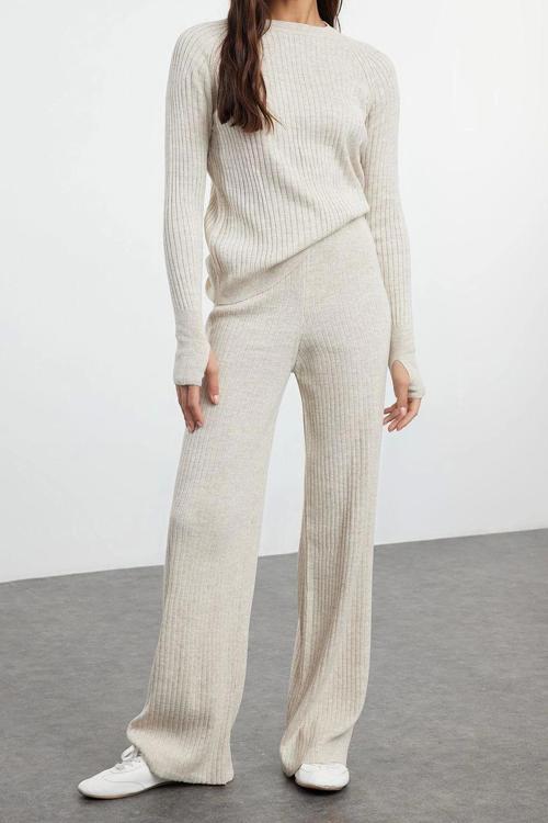 Tarz Kadın Modern Moda Normal Bel Boru Paça Bisiklet Yaka Basic Parmak Detaylı Triko Alt-Üst Takım