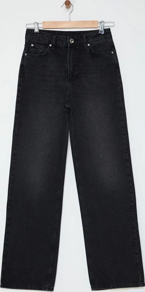 Stil Kadın Moda Denim Kot Pantolon Regular Geniş Paça Lacivert Yüksek Bel Straight Jeans