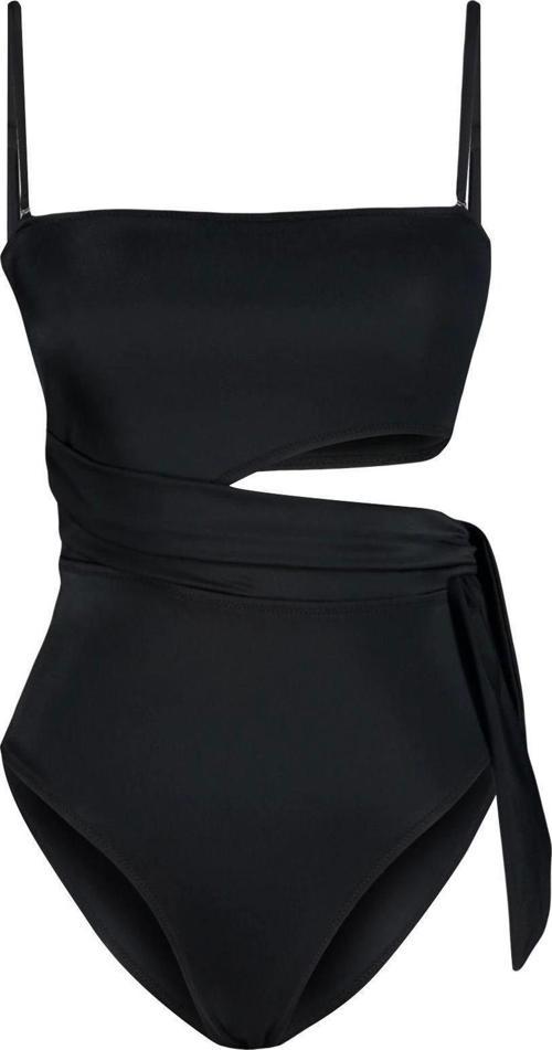 Kadın Moda Atma Kap Askılı Brief Yaka Siyah Straplez Cut Out Pencereli Regular Mayo