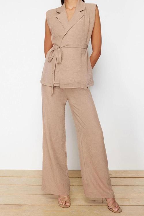 Moda Dokuma Düz Ceket Yaka Casual Günlük Koyu Kruvaze Bağlamalı Dokuma Alt-Üst Takım