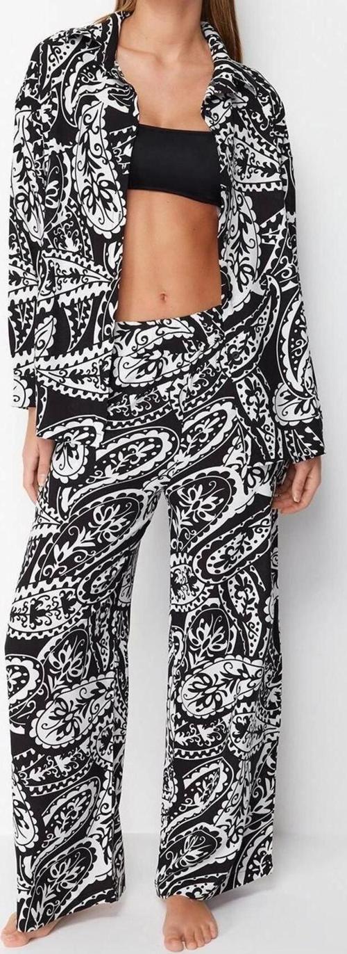 Moda Dokuma Şal Desen Gömlek Yaka Plaj Etnik Desenli Dokuma Gömlek Pantolon Takım
