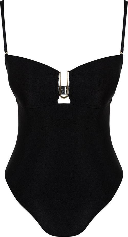 Kadın Moda Atma Kap Askılı Brief Yaka Siyah Straplez Aksesuarlı High Leg Regular Mayo