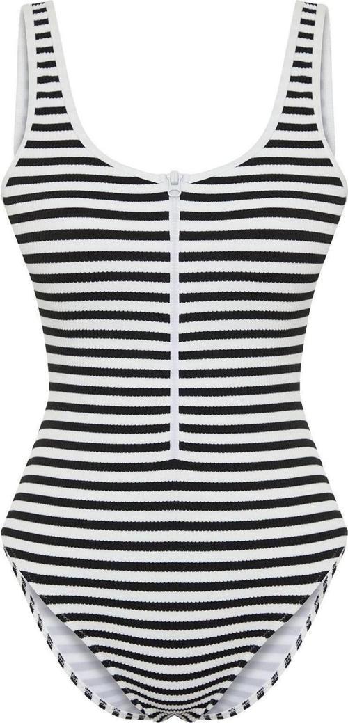 Kadın Moda Atma Kap Askılı Brief Yaka Siyah-Beyaz Fermuarlı Dokulu Regular Mayo