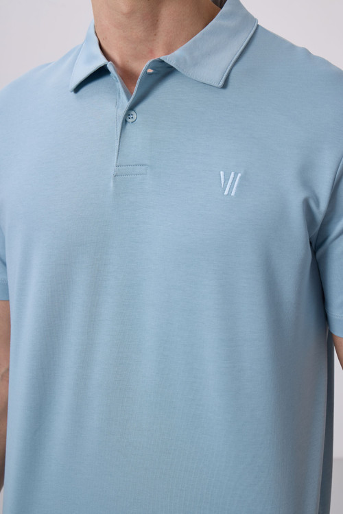 Buz Mavi Basic Göğüs Logolu Standart Kalıp Triko Polo Yaka Erkek T-Shirt - 87768