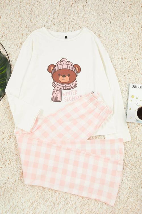 Tarz Rahat Uzun Kollu Geniş Paça %100 Pamuklu Ayıcık Baskılı Ekoseli Örme Pijama Takımı