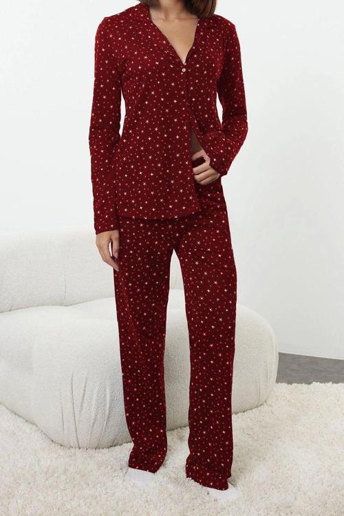 Tarz Rahat Uzun Kollu Geniş Paça %100 Pamuklu Galaksi Desenli Örme Pijama Takımı