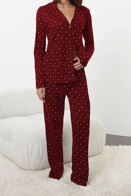 Tarz Rahat Uzun Kollu Geniş Paça %100 Pamuklu Galaksi Desenli Örme Pijama Takımı