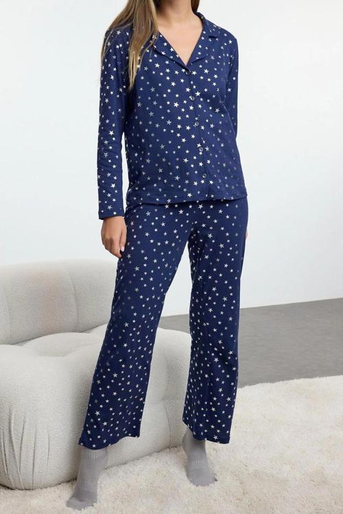 Tarz Rahat Uzun Kollu Geniş Paça %100 Pamuklu Varak Yıldız Desenli Örme Pijama Takımı